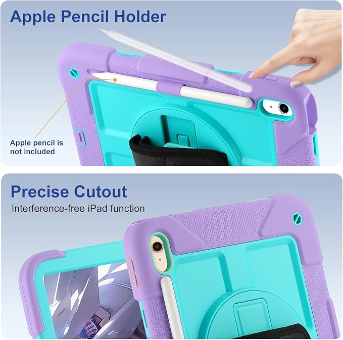 for iPad (A16) 11th Generation case11''(2025)/10th Generation case 10.9'' (2022)360°Rotatable Stand with [Screen Protector&ampPencil Holder&ampShoulder Strap] Shockproof Case (Light Purple+Green)