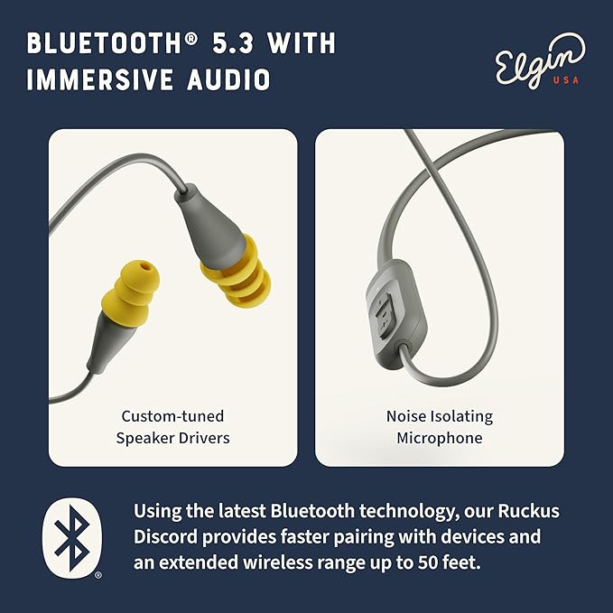Elgin Discord Gen 2 Bluetooth Earplug Earbuds OSHA Compliant Noise-Isolating Safety Wireless Headphones All-Weather Earphones for Industrial Work and High-Noise Environments