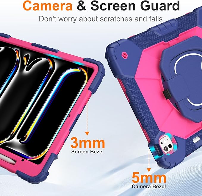 Case for iPad Air 13 Inch Case M4 2026/M3 2025/ M2 2024 Auorld for iPad Air 13 Inch Case M4 2026 Case with Screen Protector 360 Degree Rotating Stand Shoulder Strap Pencil Holder Navy Pink