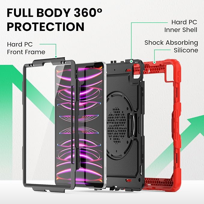 SEYMAC Case for iPad Pro 12.9 2022/2021/ 2020/2018 Heavy Duty Protection Shockproof Case with Screen Protector 360° Rotating Stand/Handle/Shoulder Strap Supports Pencil 2 Charging Red