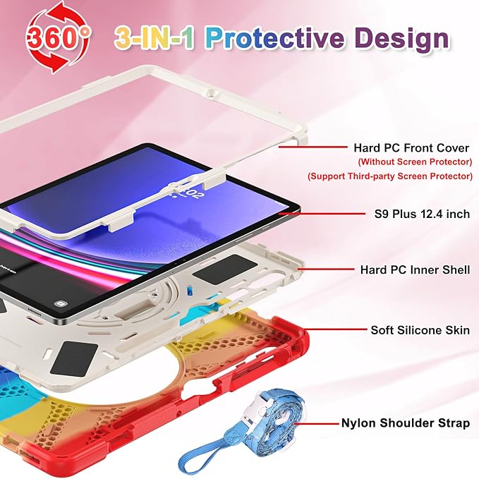 BRAECNstock Kids Case for Samsung Galaxy Tab S10+ Plus/ S9 FE+ Plus/ S9+ Plus/ S8+ Plus/ S7 FE/ S7+ Plus 5G 12.4 Shockproof Protective Cover with Pen Holder Rotating Hand Strap &amp Stand - Colorful