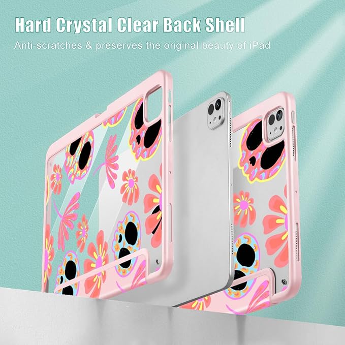 Mektron Case for M5/ M4 iPad Pro 11 inch 2025/2024 with Pencil Holder Compatible Models: A3357/A3358/A3359/A2836/A2837/A3006 Shockproof Cover Clear Shell Skull &amp Flowers Pink