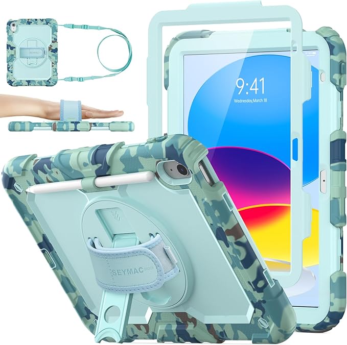 SEYMAC stock Case for iPad (A16) 11th/10th Generation 11''/10.9'' 2025/2022 Full-Body Drop Protection Case with Screen Protector &amp360° Rotate Hand Strap/Stand SkyBlue Camo