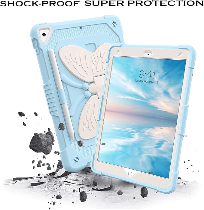 YINLAI Case for iPad 9th 8th 7th Generation 10.2 Inch iPad air 3rd Case with Pencil Holder Butterfly Kickstand Kid Girl Shockproof Protective Cover for iPad 9 8 7 Gen 2021/2020/2019 Blue