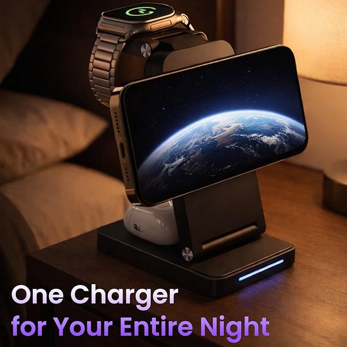 Magnetic Wireless Charger Stand 3-in-1 Foldable Wireless Charging Station with 20W Adapter Travel Charging Stand for Phone Earbuds &amp Watch Compact Multi-Device Charger