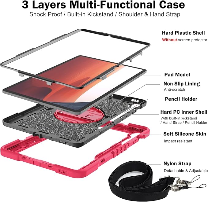Tablet Case Compatible with Samsung Galaxy Tab S10 FE Plus 13.1 Inch 2025 Model (SM-X620/X626) CaseHeavy Duty Shockproof Rugged Protection Cover Stand &ampHand Strap+Shoulder Strap(Red)