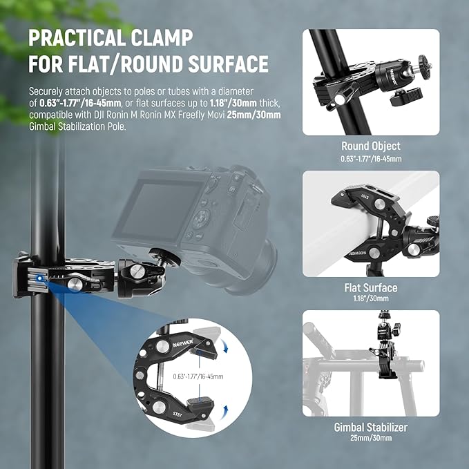 Neewer Super Clamp with Ballhead Cold Shoe Phone Holder and Action Camera Mount Adapter for Flat/Round Surface Compatible with GoPro DJI iPhone 15 Pro Max ST87
