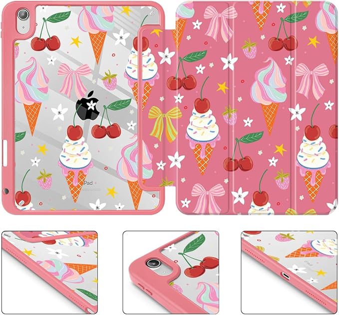 Case for iPad 11 inch A16 2025 Generation 11th / iPad 10.9 inch 2022 10th Gen Buit in Pencil Holder with Shockproof Cover Clear Transparent Back Shell Auto Wake/Sleep Ice Cream-Bows-Red