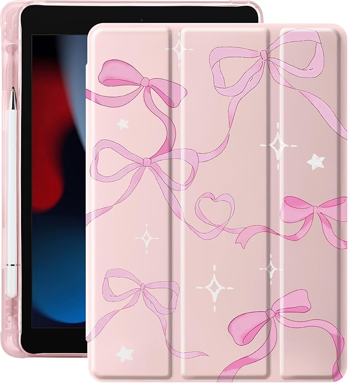 Idocolors Case for iPad 11 inch (A16 Chip) 2025 Generation 11th / iPad 10.9 inch 2022 10th Gen Built-in Pencil Holder with Soft TPU Shockproof Back Shell Auto Wake/Sleep Pink Ribbon Bow-Pink