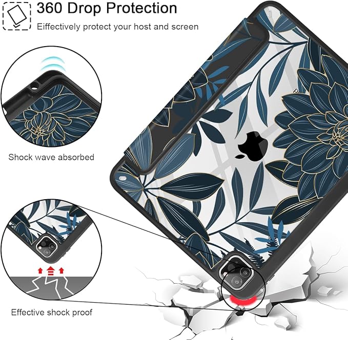 Tuiklol for iPad Pro 11 Inch Case M2 2022 Generation 4th -Built-in Pencil Holder Shockproof Cover Clear Transparent Back Shell Fit for iPad 11’’ 2021 2020 2018 Gen 3rd/2nd/1st for Kid Black Flower