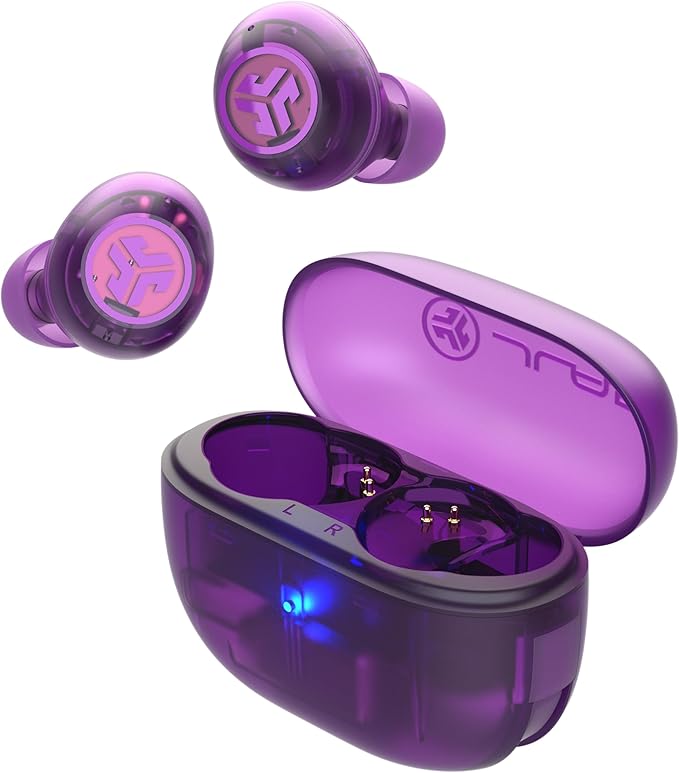 JLab Go Pop ANC True Wireless Earbuds &amp Charging Case Transparent Purple Active Noise Cancelling 10mm Drivers Dual Connect Customize Your Sound with App Be Aware Mode MEMS Microphone