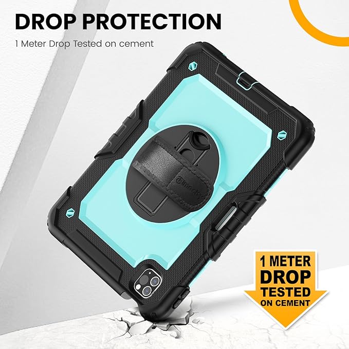 Timecity Case for iPad Pro 11 inch 2022/2021 (4th/ 3rd Generation) Shockproof with Screen Protector Swivel Stand Handle Shoulder Strap Pencil Holder Case for iPad Pro 11 Inch- Light Blue
