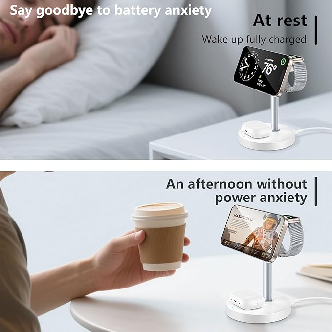 3 in 1 Wireless Charging Station for Multiple Devices 15W Fast Magnetic Wireless Charger Stand with Adjustable Angle Compatible with iPhone12-16 Series Apple Watch AirPods - Gifts for Men &ampWom