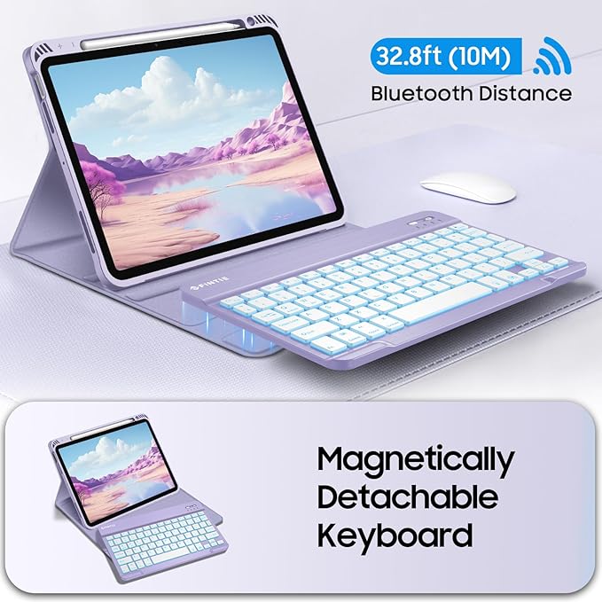 Fintie Backlit Keyboard Case for iPad Air 11-inch M4/M3/M2 (2026/2025/2024) iPad Air 5th/4th Gen 10.9 Inch - Soft TPU Cover with 7 Color Backlight Detachable Bluetooth Keyboard Lilac Purple