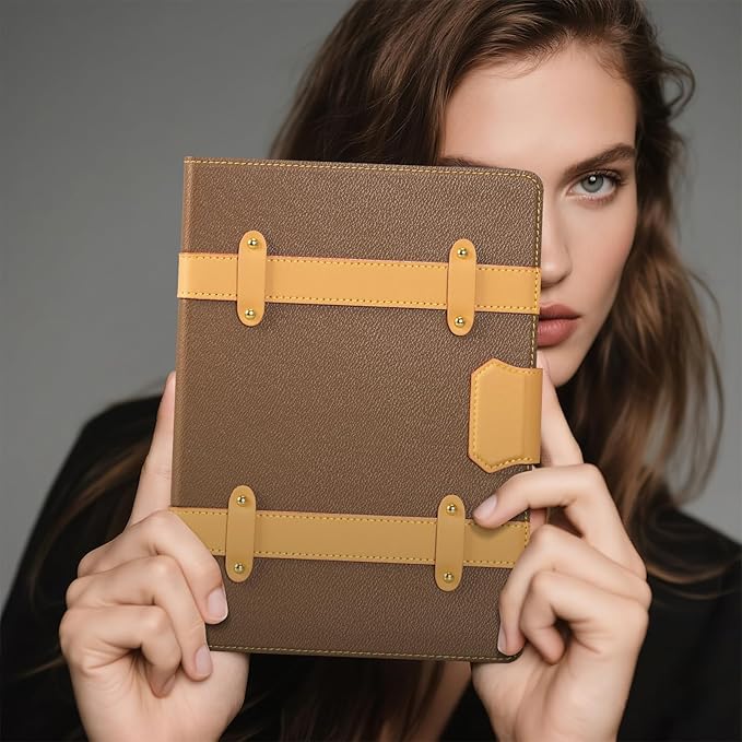 iPad Case for iPad Pro 13 Inch (M5/M4) 2025/2024Leather Folio Cover with Pencil HolderAuto Wake/SleepAdjustable StandDetachable Magnetic Closure Protection Case-Multiple Straps Yellow Brown