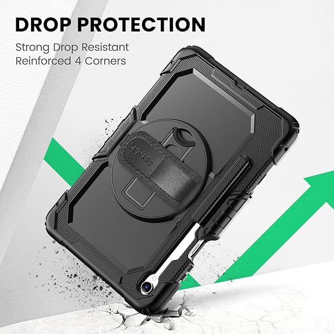 SEYMAC Case for Samsung Galaxy Tab S11 5G 2025 11 Inch Heavy Duty Shockproof Protective Case with Screen Protector 360° Rotating Stand Hand/Shoulder Strap and Pen Holder Black