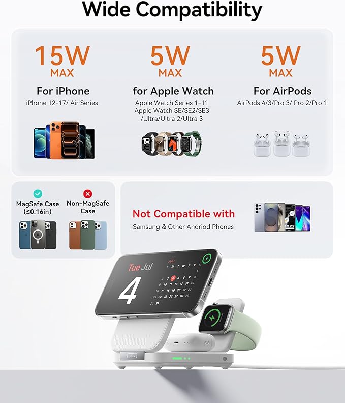 INIU Foldable Magnetic Wireless Charger Qi2 Certified 3-in-1 Travel Charging Station with 15W Fast Charge - Compatible with Mag-Safe for iPhone 17/16/15 Series Apple Watch AirPods (White)