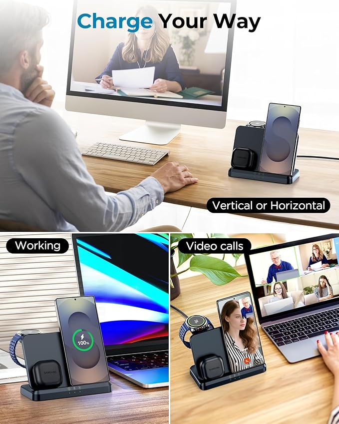 EGV Wireless Charger for Samsung – 3 in 1 Wireless Charging Station for Galaxy S26 Ultra S25 S24 Z Fold Flip 7/6 Detachable Watch Charger for Galaxy Ultra 8/7/6 Foldable Fast Charging No Adapter