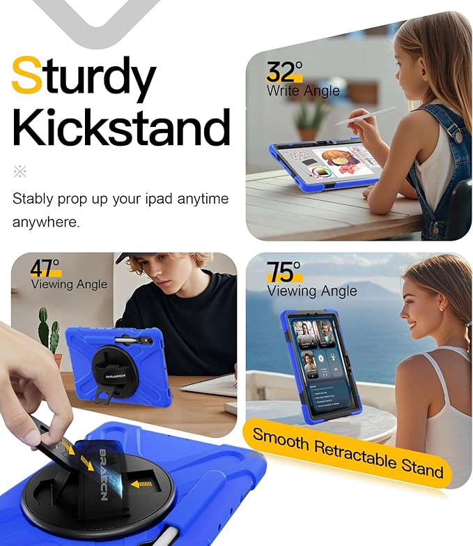 BRAECN Case for Samsung Galaxy Tab S10 Lite/S10 FE/S9 FE 5G 10.9&amp S9/S8/S7 11Heavy Duty Shockproof Silicone Cover with 360 Rotating Stand &ampHand Strap Kickstand Shoulder Strap S Pen Holde