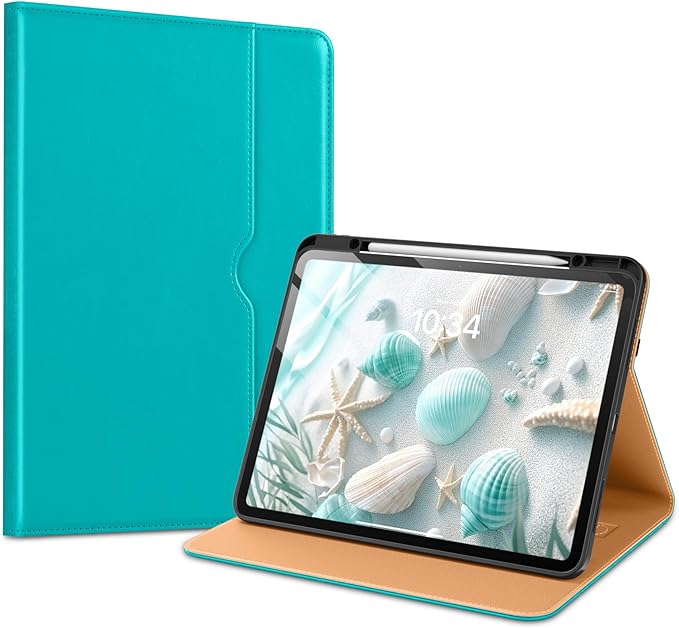 VIKESI Case for iPad Pro 13 (M4) 2024 Leather Stand Cover with Apple Pencil Holder Auto Wake/Sleep Multiple Viewing Angles Built in Hand Strap &amp Pocket Cyan Blue