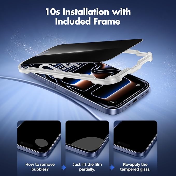 UNBREAKcable Privacy Screen Protector for iPhone 17 Pro Full Coverage Shatterproof Tempered Glass [True 28°Anti Spy] [9H Hardness] [Easy Installation Frame] 2-Pack Private Screen for iPhone 17 Pro