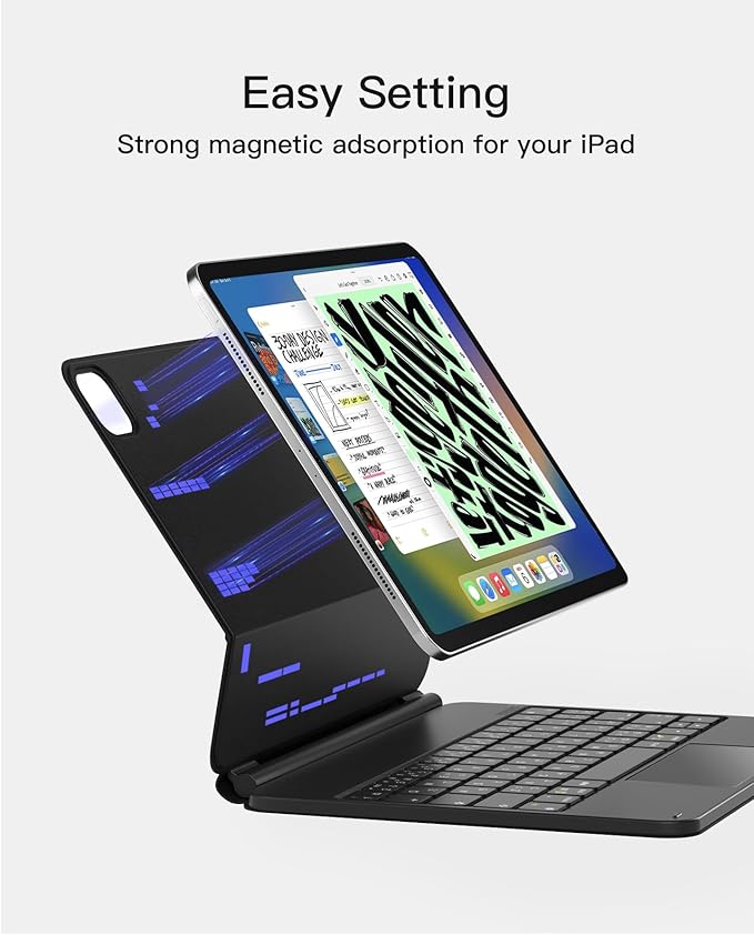 Inateck Magnetic Keyboard Case for Air 11 inch (M4 2026/2025 M3/2024 M2) Easy-Set Keyboard for Air 6/5/4 Gen iPad Pro 11 inch 4/3/2/1 Gen Floating Cantilever Stand 7-Color Backlight with Trackpad