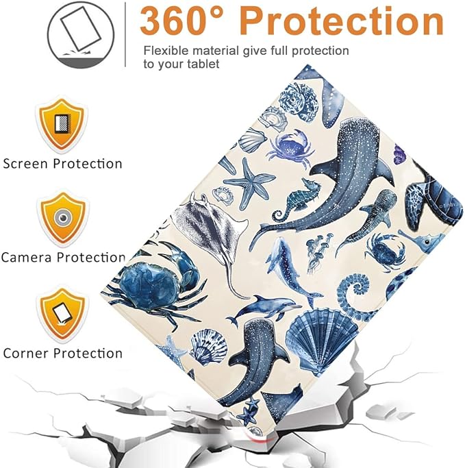 Cute Ocean Whale Shark Turtle Tablet Case for Samsung Galaxy Tab A8 X205/X200 2021 10.5 Summer Sea Shell Starfish Cover for Girls Women Trendy Protective Cases Flip PU Leather Funda