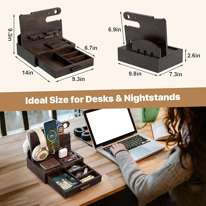 Phone Docking Station for Men: Desk or Nightstand Organizer with Drawer Birthday Gifts for Husband Dad BoyfriendHim Wooden Charging Station for Phone Watch Key Holder Wallet (Reddish Brown)