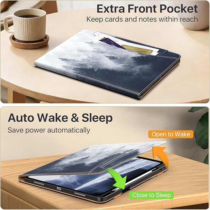 MoKo Case for iPad Air 13-inch (M4) 2026 / (M3) 2025 / (M2) 2024 with Pencil Holder &amp Hand Strap &amp Pocket Premium Leather Folio Stand Cover Multiple Viewing Angles Gray Forest