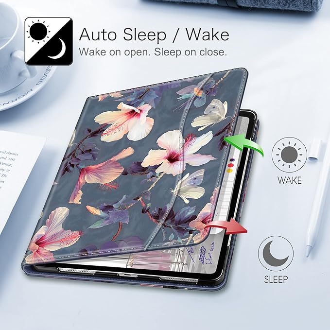 Fintie Folio Case for iPad Pro 12.9 6th Generation 2022 Multi-Angle Smart Stand Cover w/Pencil Holder &amp Pocket Also Fit iPad Pro 12.9 2021 5th &amp 2020 4th &amp 2018 3rd Gen Blooming Hibisc