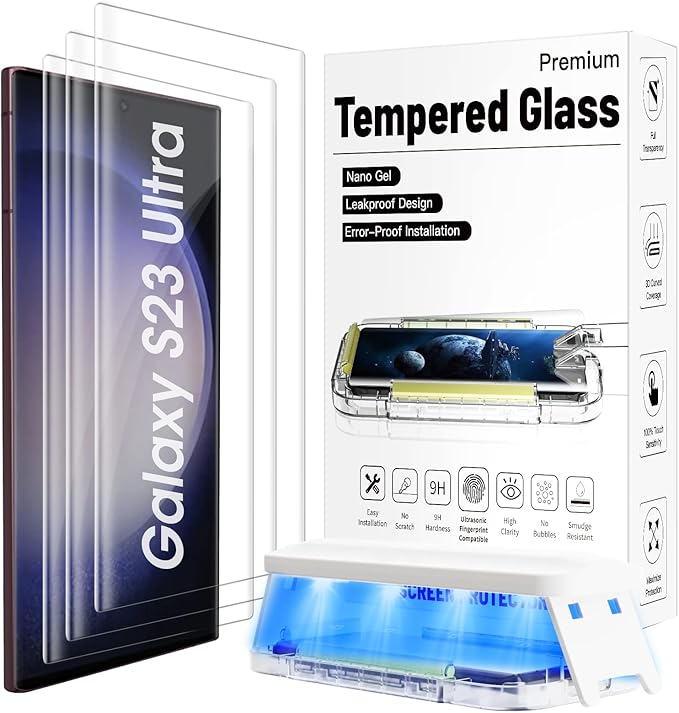 3 Pack Galaxy S23 Ultra Screen Protector Tempered Glass 3D Curved Edge 100% Fingerprint Unlocking Scratch &amp Impact Protection HD Clear &amp Smooth Touch for Samsung S23 Ultra