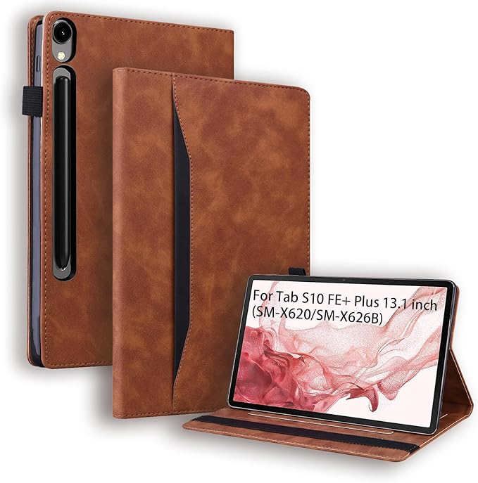 Flip Case for Samsung Galaxy Tab S10 FE+ Plus 2025 13.1 inch PU Leather Stand Soft Back Smart Auto Wake/Sleep CoverAdjustable Stand Shell w/Card Slots/Pen Holder/Front Pocket - Brown