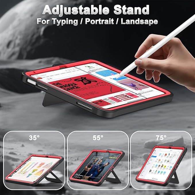 Soke Case for iPad (A16) 11th Generation 11-Inch 2025 /10th Generation 10.9-Inch 2022 with Screen Protector and Multi-Angle Kickstand Rugged Full Body Heavy Duty Protective Cover - Black Red