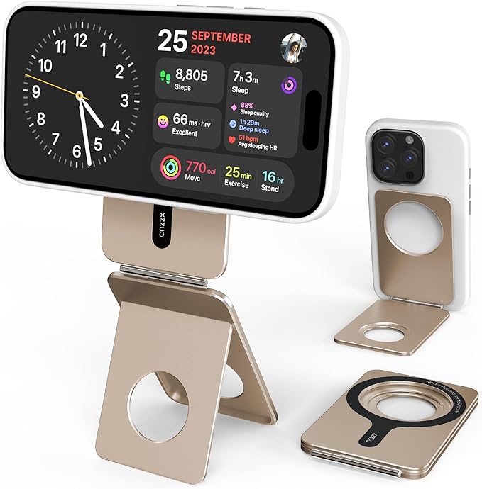 Cell Phone StandAdjustable Height and Angle Foldable Phone Holder for Desk Aluminum Cell Phone HolderStrong Magnetic Phone Stand Compatible with iPhone 16/15/14/13/12 Series (Desert Gold)