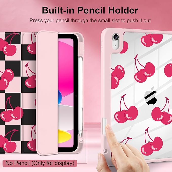 DONGKE Case for iPad (A16) 11th Generation 11 inch 2025 &amp iPad 10th Gen 10.9 inch 2022 [Built-in Pencil Holder] Clear Acrylic Back Trifold Stand Smart Cover Auto Sleep/Wake Cherry Checkers