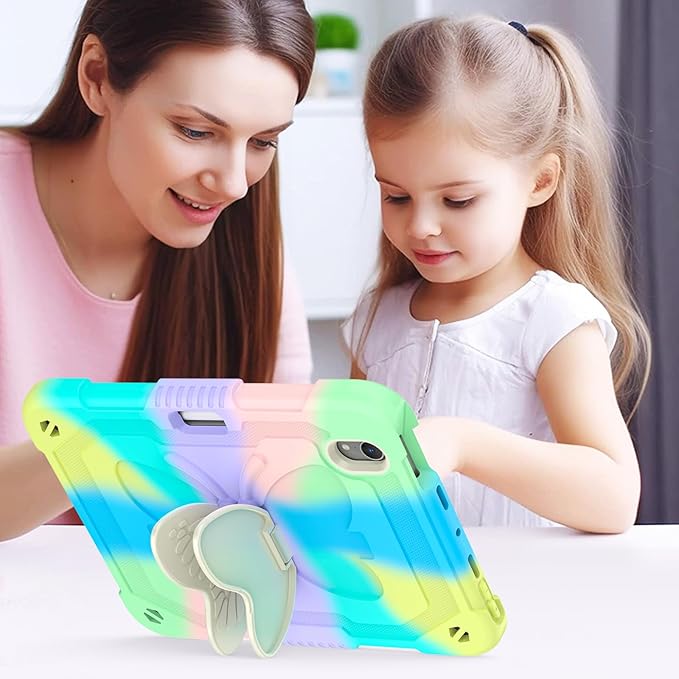 for iPad Mini 7 A17 Pro Case for iPad Mini 7th/6th Generation - Rugged Soft Silicone Cute Cartoon with Shoulder Strap Multi-Angle Stand Kawaii for Women Girls Girly Kids Teens Cover Colorful
