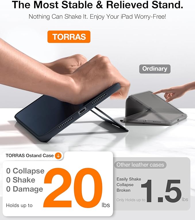 TORRAS Ostand K1 Guardian for iPad Air 11 inch Case M4/M3/M2 (2026/2025/2024) Ultra Stable Stand Multiple Adjustable Viewing Angles Slim Protective Kickstand Cover with Pencil Holder Black