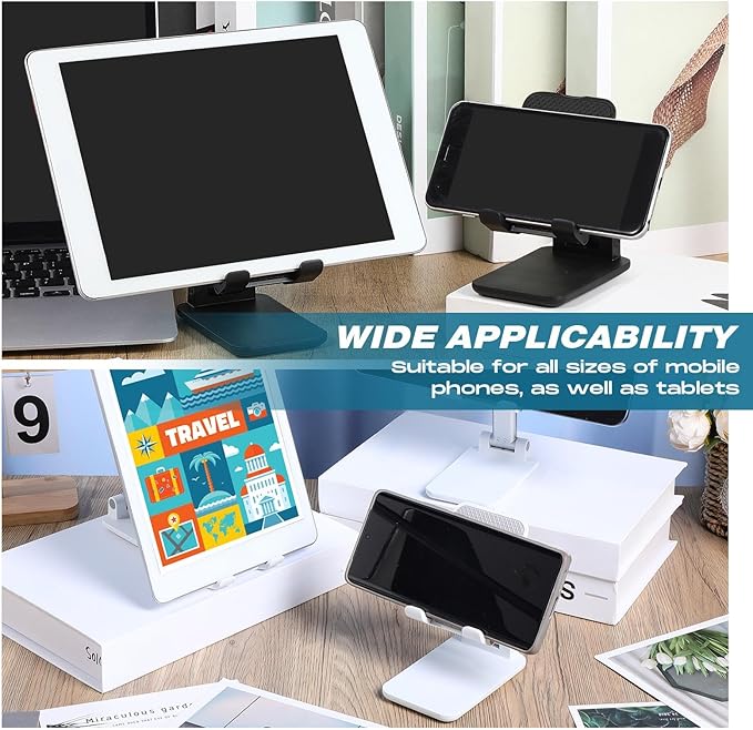 12 Pcs Cell Phone Stand Desk Table Adjustable Angle Height Phone Stand Foldable Portable Mobile Holder Silicone Pad Smartphone Tablet Holder Bulk for Office Travel Filming (WhiteBlack)