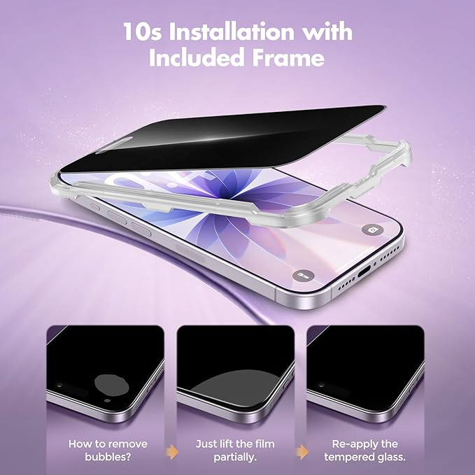 UNBREAKcable Privacy Screen Protector for iPhone 17 Full Coverage Shatterproof Tempered Glass [True 28°Anti Spy] [9H Hardness] [Easy Installation Frame] 2-Pack Private Screen for iPhone 17