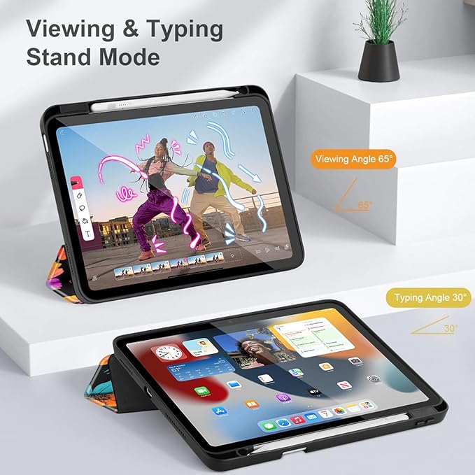 Tuiklol for 2025 iPad (A16 Chip) 11th Generation 11 inch/iPad 10th Generation 10.9 inch 2022 Case Buit in Pencil Holder with Clear Back Shell Cover Trifold Stand Auto Wake/SleepColor Flower Black