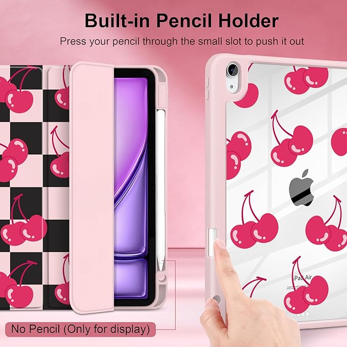 DONGKE Case for iPad Air 11-inch M4 2026 &amp M3 2025 &amp M2 2024 iPad Air 5th/4th Generation 10.9 2022/2020 [Built-in Pencil Holder] Clear Acrylic Back Trifold Stand Smart Cover Cherry Checker
