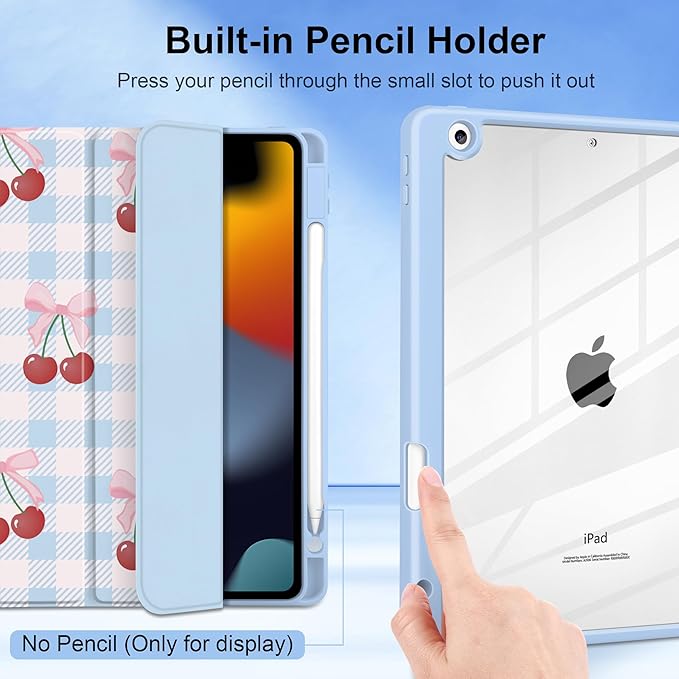 DONGKE for iPad 9th/8th/7th Generation Case 10.2 Inch (2021/2020/2019) [Auto Sleep/Wake &amp Pencil Holder] Clear Acrylic Back Trifold Stand Cover Blue Cherry