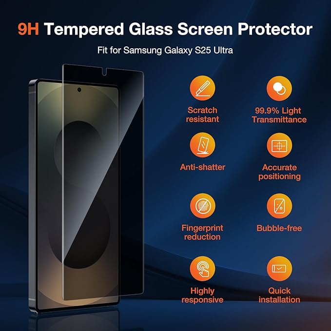 2 Pack Privacy Screen Protector for Samsung Galaxy S25 Ultra Anti-Spy Private Protective Film 100% Fingerprint Unlock 9h+ Tempered Glass Automatic Dust Removal Anti-Scratch Protection
