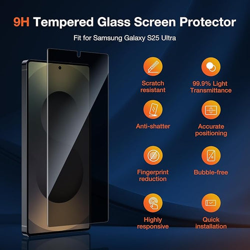 2 Pack Privacy Screen Protector for Samsung Galaxy S25 Ultra Anti-Spy Private Protective Film 100% Fingerprint Unlock 9h+ Tempered Glass Automatic Dust Removal Anti-Scratch Protection