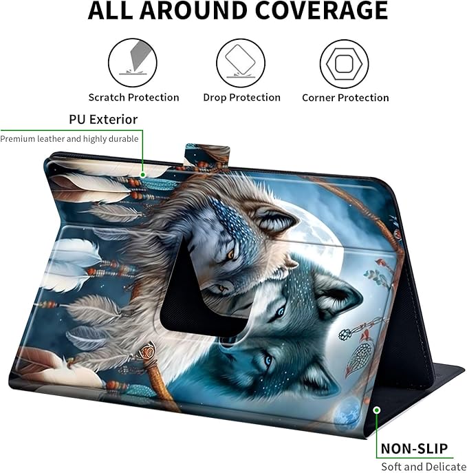 for Universal 10 10.1 Inch Android Tablet Case 360 Degree Rotating Leather Stand Folio Cover for iPad 9.7/10.2/10.5/Galaxy Tab 9-10.5/Fire HD10 &amp More 9.0-10.5 Inch TabletDream Catcher Wolf