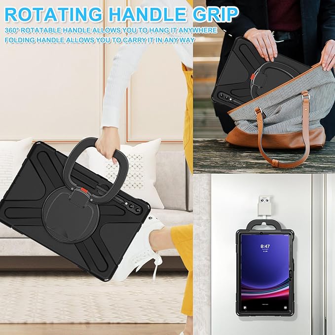 BATYUE Case for Samsung Galaxy Tab S10+ Plus /S9 FE+ Plus /S9+ Plus /S8+ Plus /S7+ Plus /S7 FE 5G 12.4 inch Shockproof Protective Tablet Case with Shoulder Strap Kickstand Black