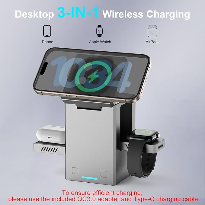 25W 3 in 1 Charging Station for Apple DevicesAuto Open/Close Mag-Safe Wireless Charging Stand CubeTravel Wireless Charger Dock for iPhone 16/15/14Series &amp Apple Watch &amp AirPods (Metal Gray)