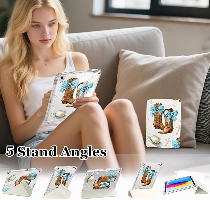 Western Cowgirl Boots Bow for iPad (A16) 11th/10th Generation Case 11 Inch/10.9 Inch 2025/2022 with Pencil Holder Auto Sleep/Wake White Leather Acrylic Back Detachable Cover