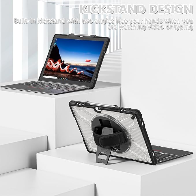 ZenRich Rugged Case for Lenovo ThinkPad X12 Gen 2 12” 2024 –Heavy Duty Shockproof Protective Cover with 360° Rotating KickstandHand &amp Shoulder StrapBusiness FriendlyType Cover Keyboard Compatib