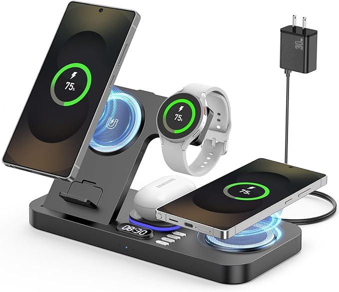 Magnetic Wireless Charger for Samsung 6 in 1 for Samsung Charging Station30W Dual Phone with Auto-Switch 7-Color Light &amp Clockfor Samsung S26for Galaxy Buds for Samsung Galaxy Watch